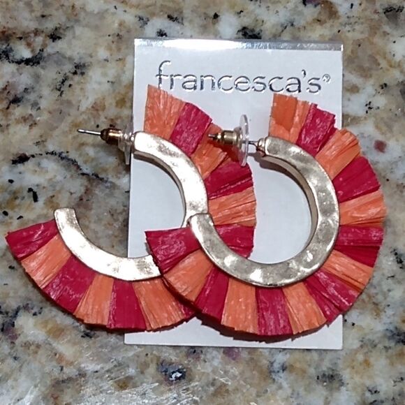 NWT FRANCESCAS Red/Orange Raffia Striped SemiCircle Matte Gold Hanging Earrings - Picture 5 of 7